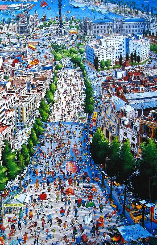 La Rambla is pedestrianised with only two narrow one-way traffic roads which run on either side of the central Ramblas Boulevard - Spain 