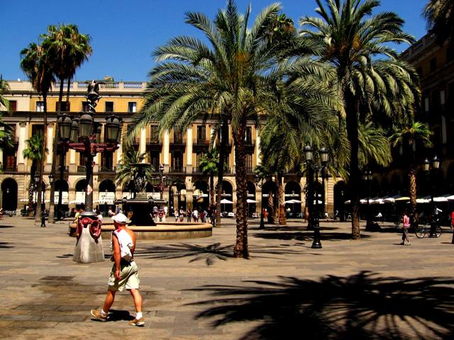Placa Reial situated just off Las Ramblas in Barcelona is one of the most famous square - Barcelona Spain 