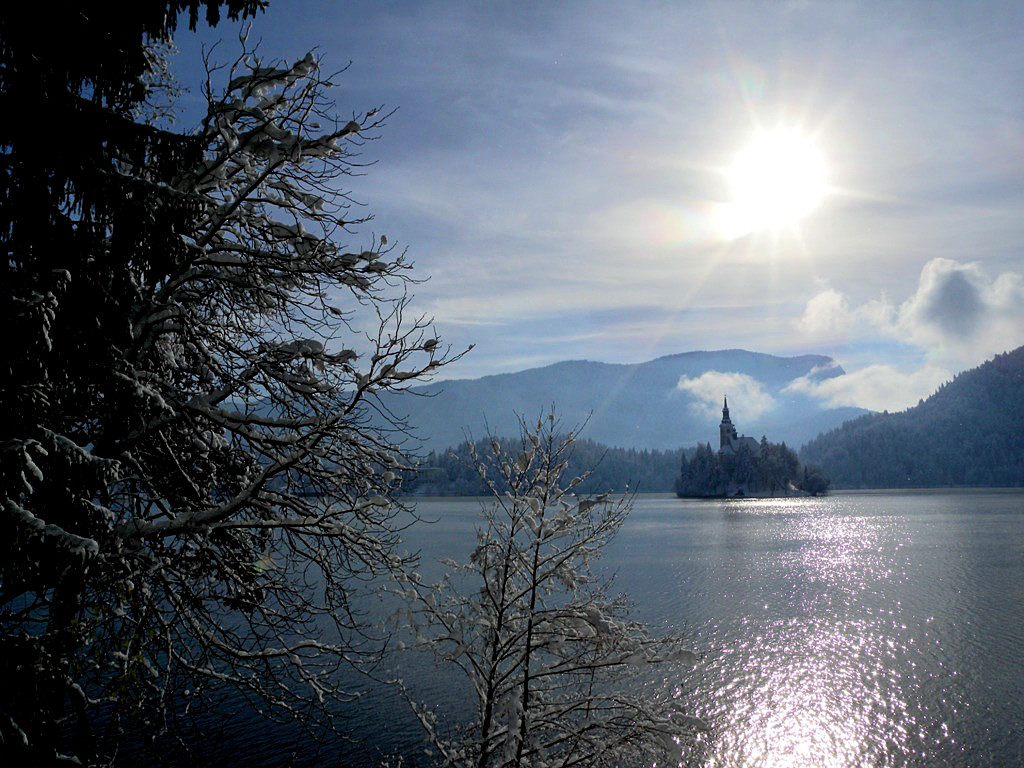 The lake has an island, tear-shaped and the only real island in the virtually land-locked country - Lake Bled Slovenia 