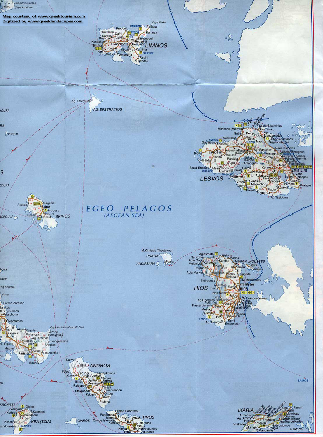 Road map to Greece - Limnos, Lesvos, Hios, Andros, Ikaria, Kea, Tinos 
