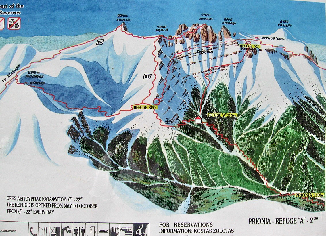 Hike map to the summit of Mt. Olympus - Greece 
