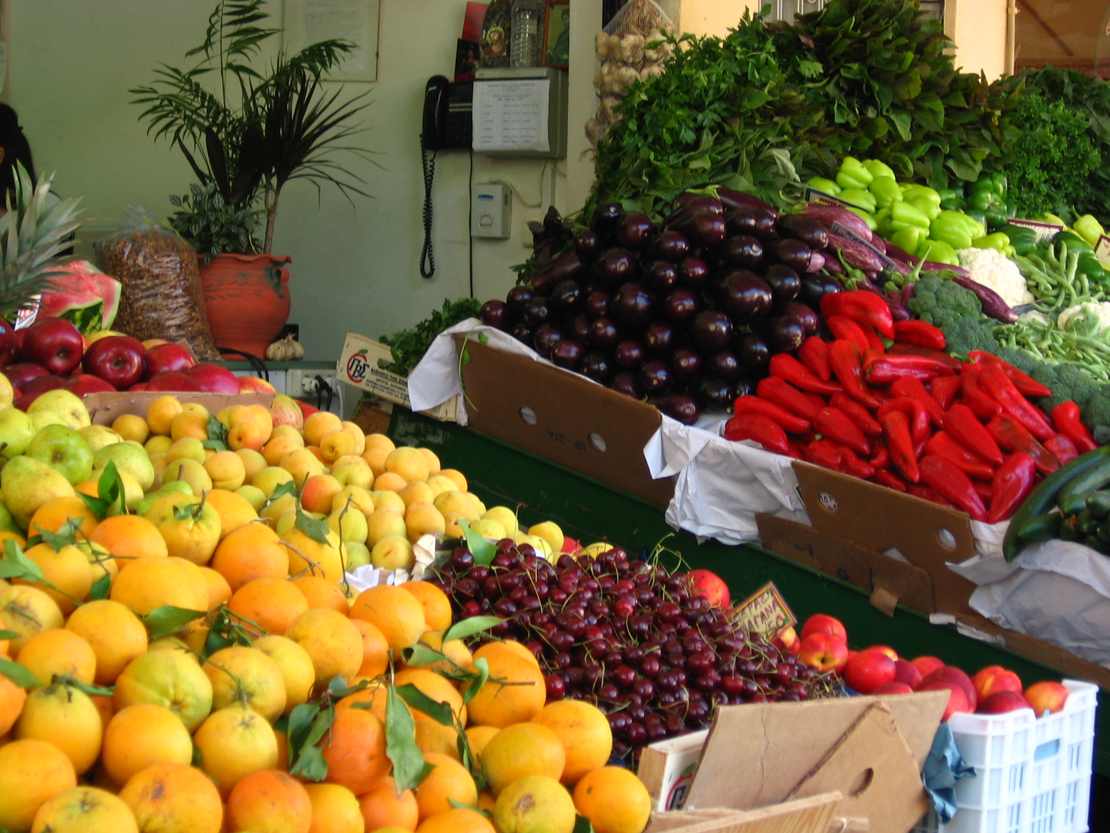 Small market with Greek vegetables and fruits in the centre of the town of Pylos Greece 