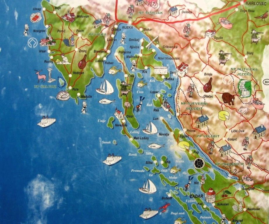 Tourists Map of Kvarner with Pag island - Croatia - The Kvarner Gulf is a bay in the northern Adriatic Sea, located between the Istrian peninsula and the northern Croatian Littoral mainland