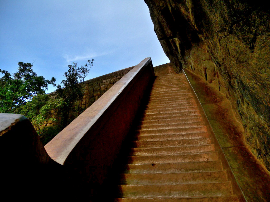 Stairs bellow the Lion's rock and frescoes of Sigiriya - Sri Lanka 