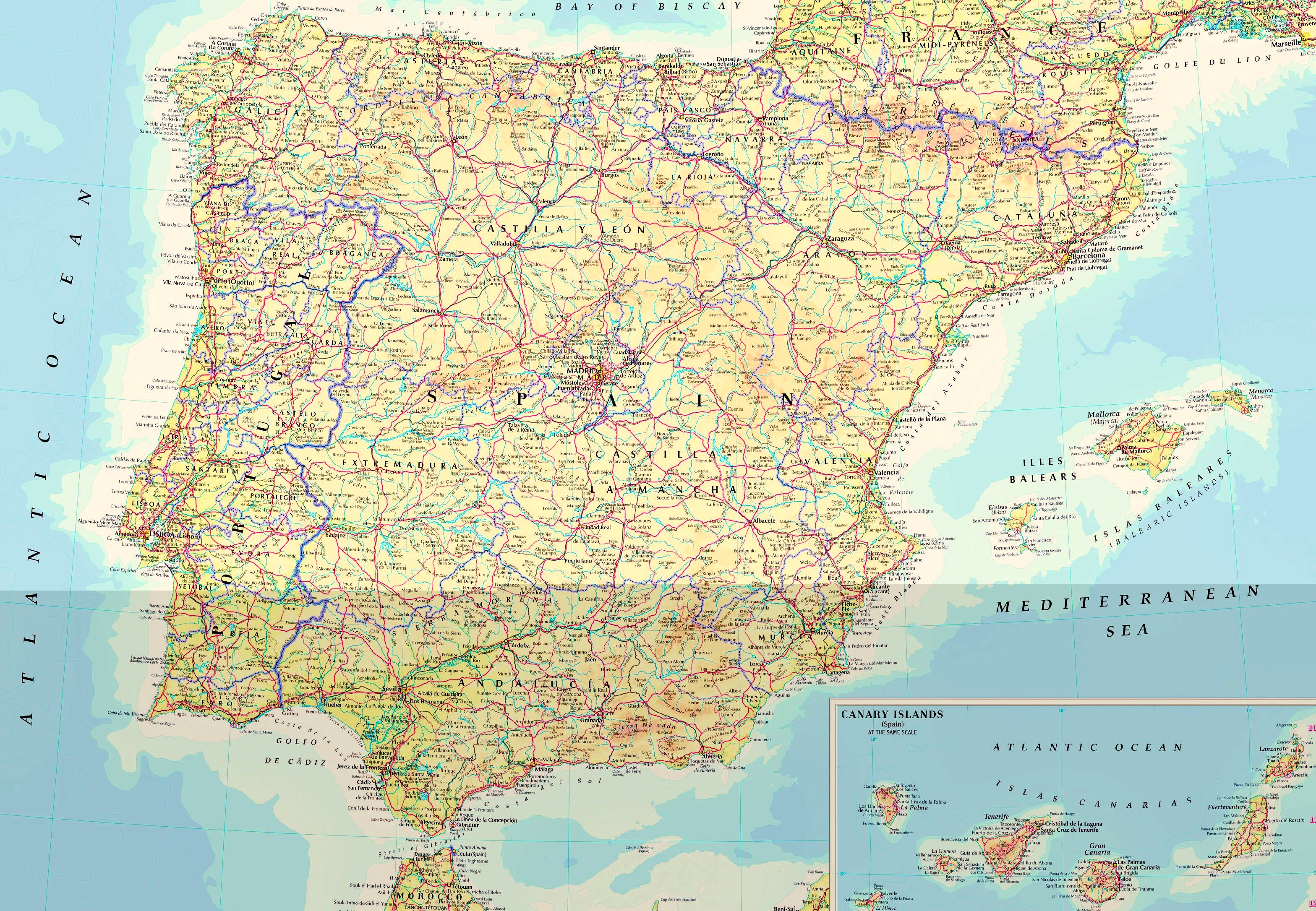 Road map of Spain and Portugal 