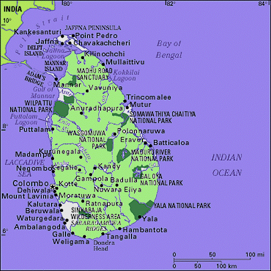 The tropical island of Sri Lanka ( Ceylon) lying off the southern tip of India