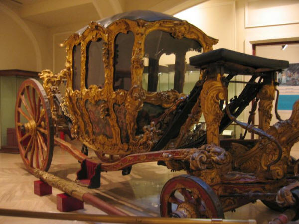 In rococo decorated carriage named The nymphs' carriage comes from the Palace of the Marquis of Dos Aguas to National Museum of Ceramics in Valencia Spain 